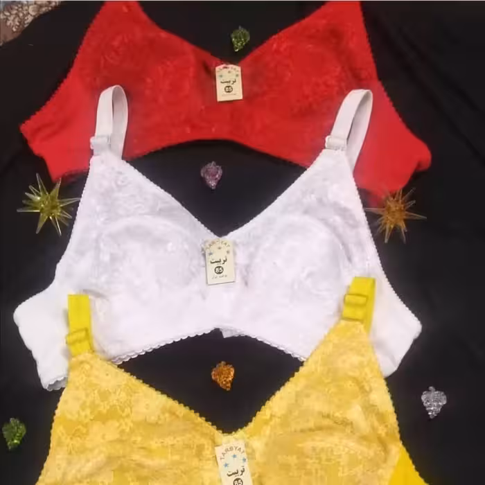 سوتین نخی دولایه زنانه سایز 70 تا 100 رنگ مشکی. قرمز. زرد. کرم 