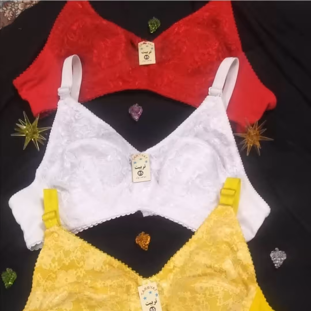 سوتین نخی دولایه زنانه سایز 70 تا 100 رنگ مشکی. قرمز. زرد. کرم