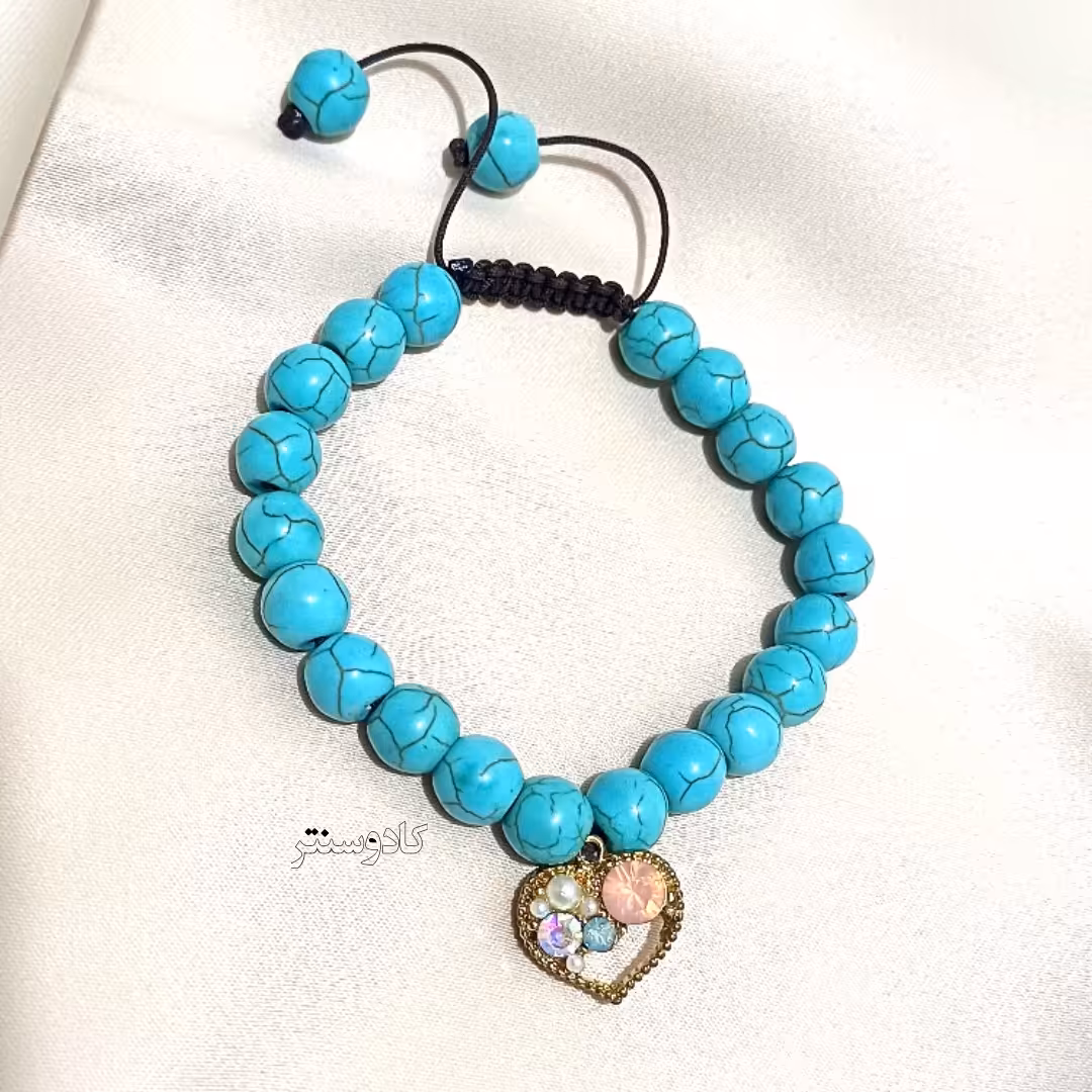 دستبند دوستی طرح قلب نگینی سنگ فیروزه ای   کد 103