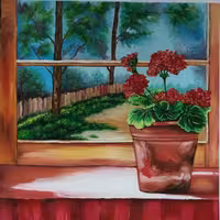 تابلوی نقاشی رنگ روغن شمعدانی کنار پنجره 