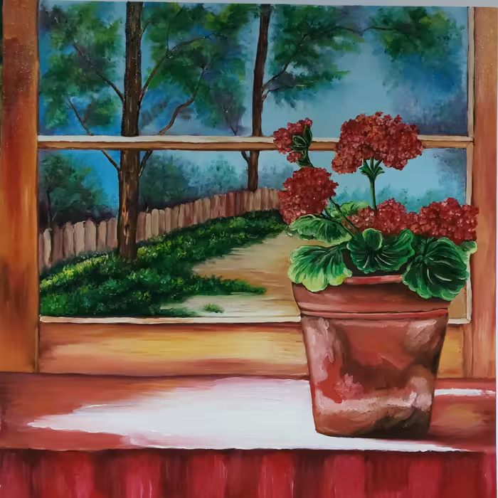 تابلوی نقاشی رنگ روغن شمعدانی کنار پنجره 