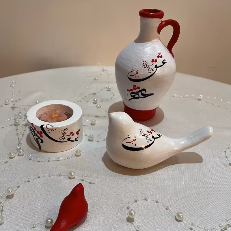 ست جاشمعی-تم عشق سفیدو قرمز-5 تیکه-سینی-مرغ امین-جاشمعی فانوسی-گلدان-پرنده کوچک