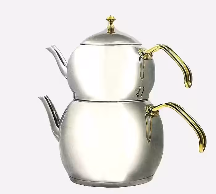 کتری و قوری استیل دسته طلایی 2.5 لیتر لوله دار یونیک 7270