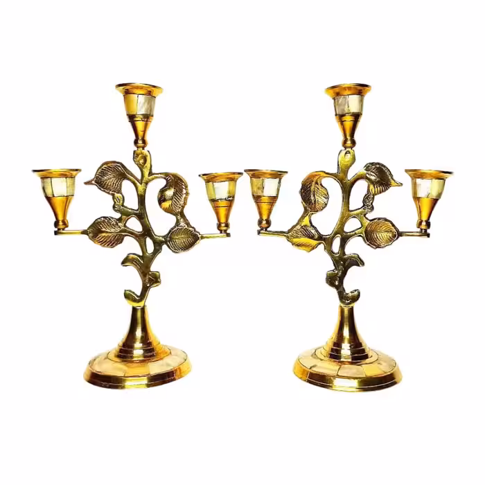 شمعدان صدفی برنجی 3شاخ هندی مدل گل  دو عددی (پس کرایه)