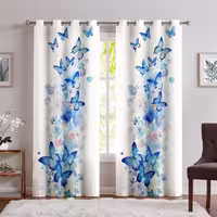 پرده پانچی آبرنگی طرح پروانه آبی مشکی PQ-1013