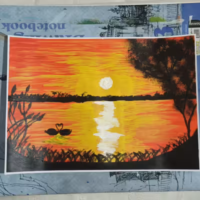 نقاشی تکنیک آکریلیک غروب دریا سایز A4 مقوا فابریانو 