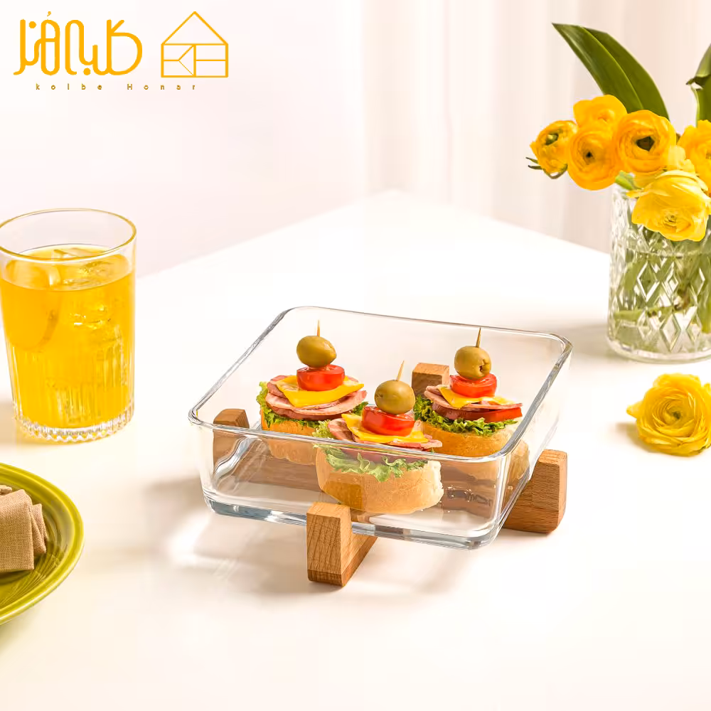 ظرف سرو مربع پایه چوبی لیمون 2163