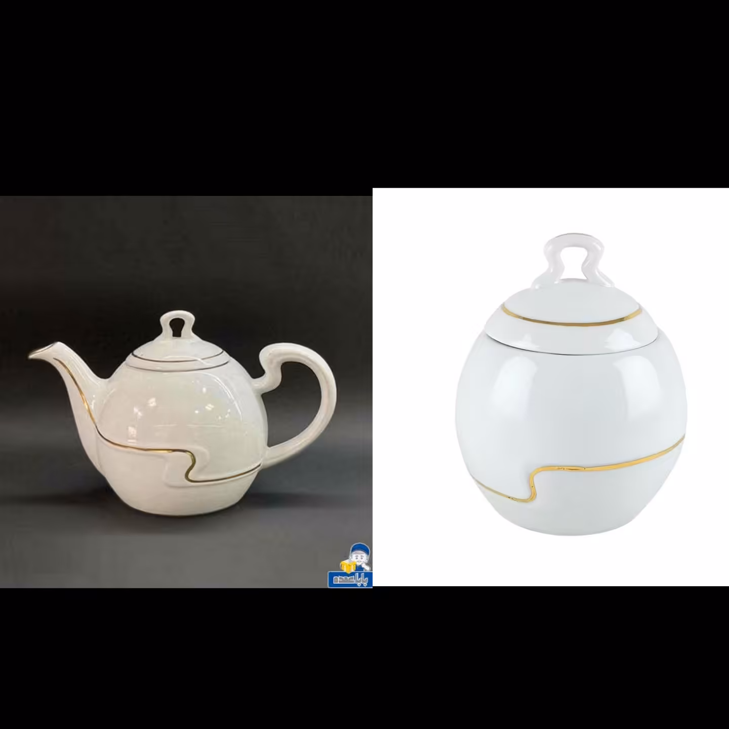 ست قوری و قندان چینی مقصود مدل رویال دو خط طلا ست قوری و قندان مقصود 