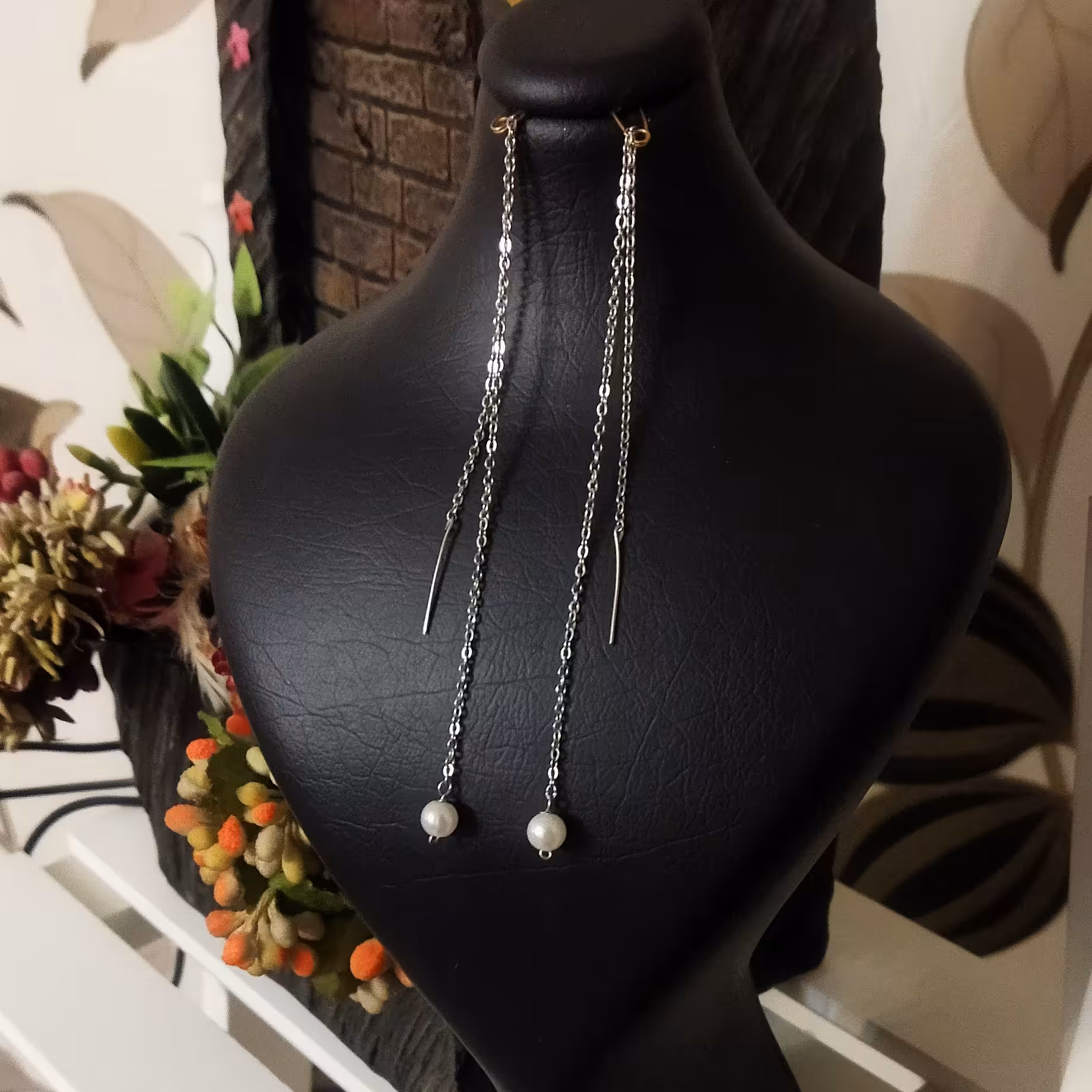گوشواره بخیه استیل نقره ای تک مروارید ریز ضدحساسیت