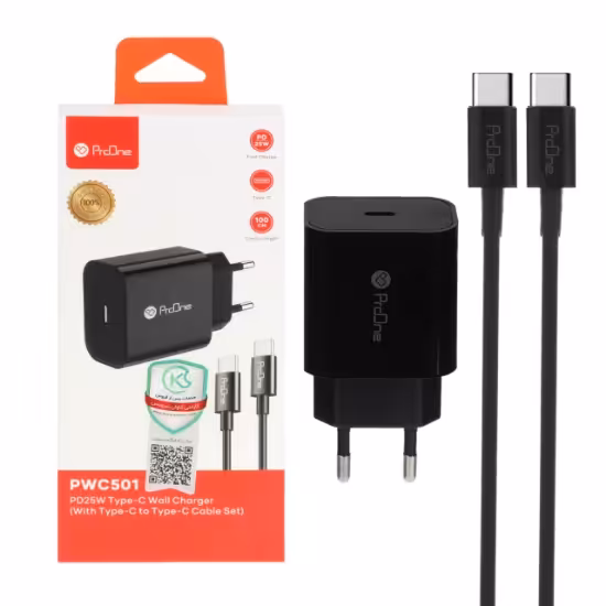 شارژر دیواری 25W فست و PD تک پورت پرووان مدل PWC501 به همراه کابل شارژ USB-C