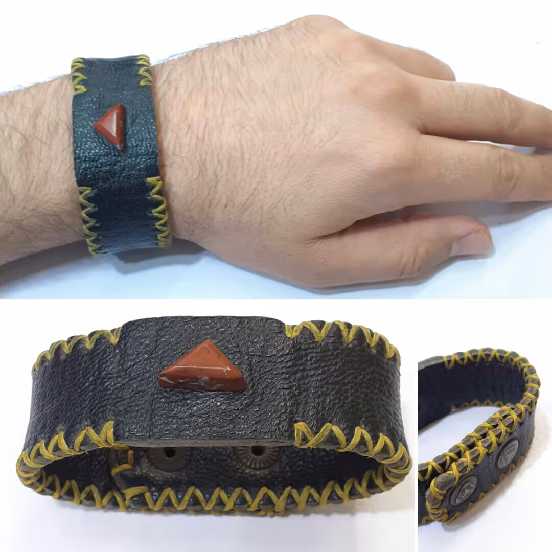 دست بند چرمی اصل با سنگ جاسپر قرمز اصل- دست بند جاسپر قرمز