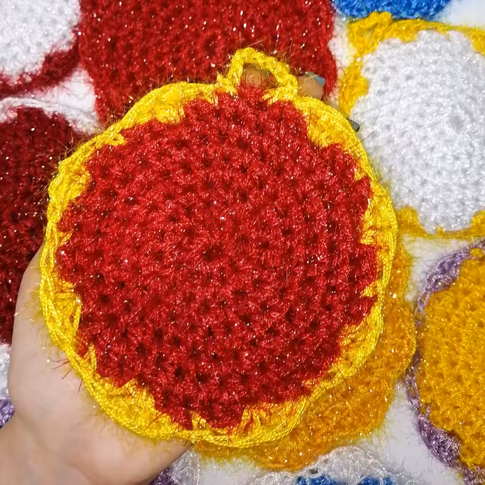 اسکاچ ظرف شویی بافتنی یک لایه سوزنی طرح دایره قرمز زرد