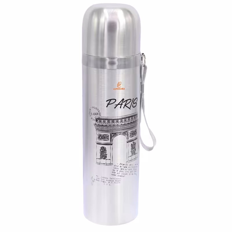 فلاسک 500 میل بند دار نقره ای طرح پاریس STAINLESS