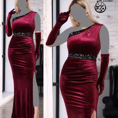 پیراهن مهمانی زنانه مخمل کره مدل آیلین همراه کمربند و دستکش