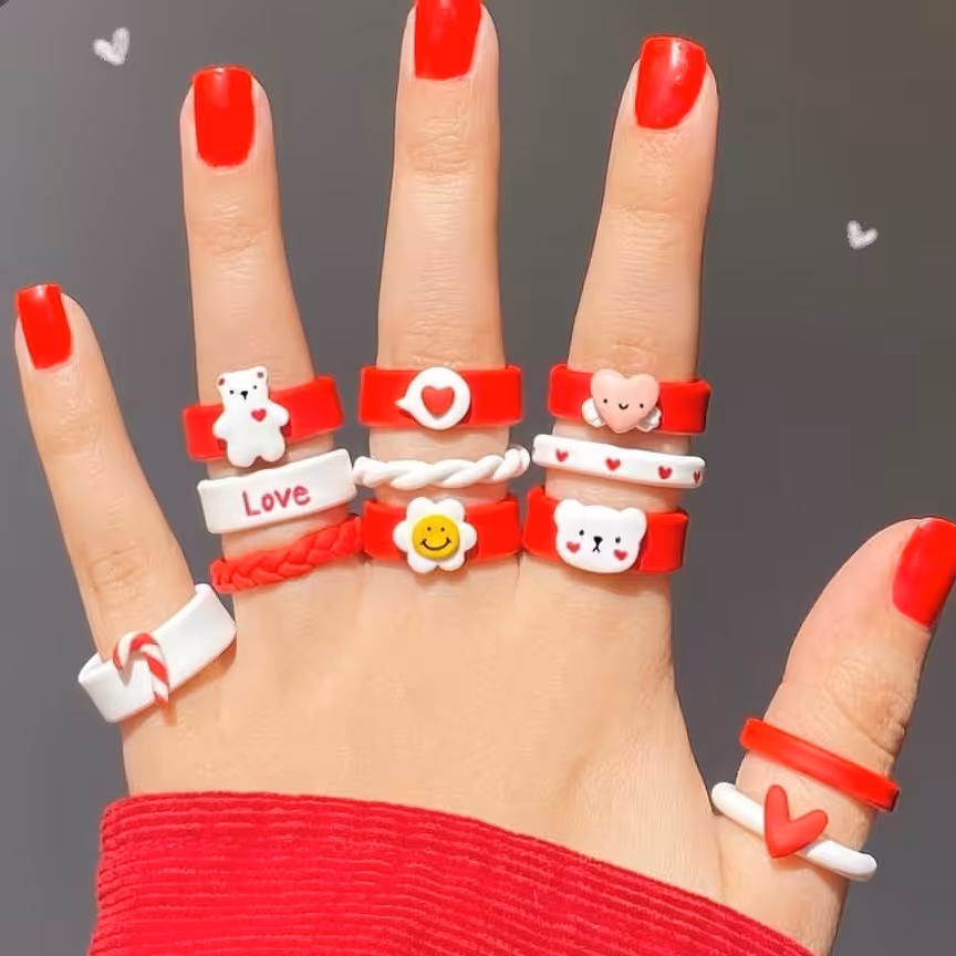 ست انگشتر خمیری ترند قرمز 12 عددی فانتزی ضد آب نشکن