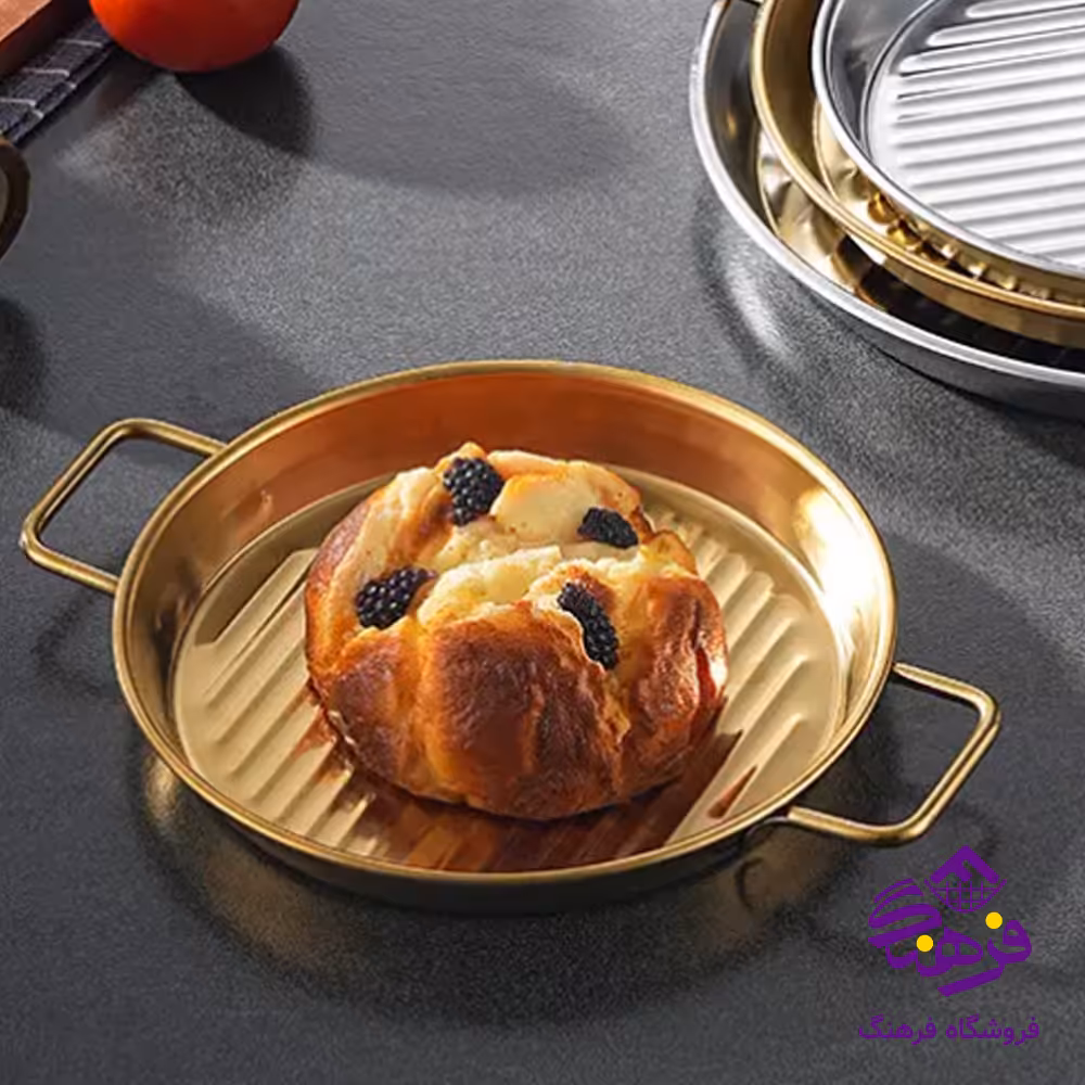 ظرف سرو دسته دار گرد طلايي 32
