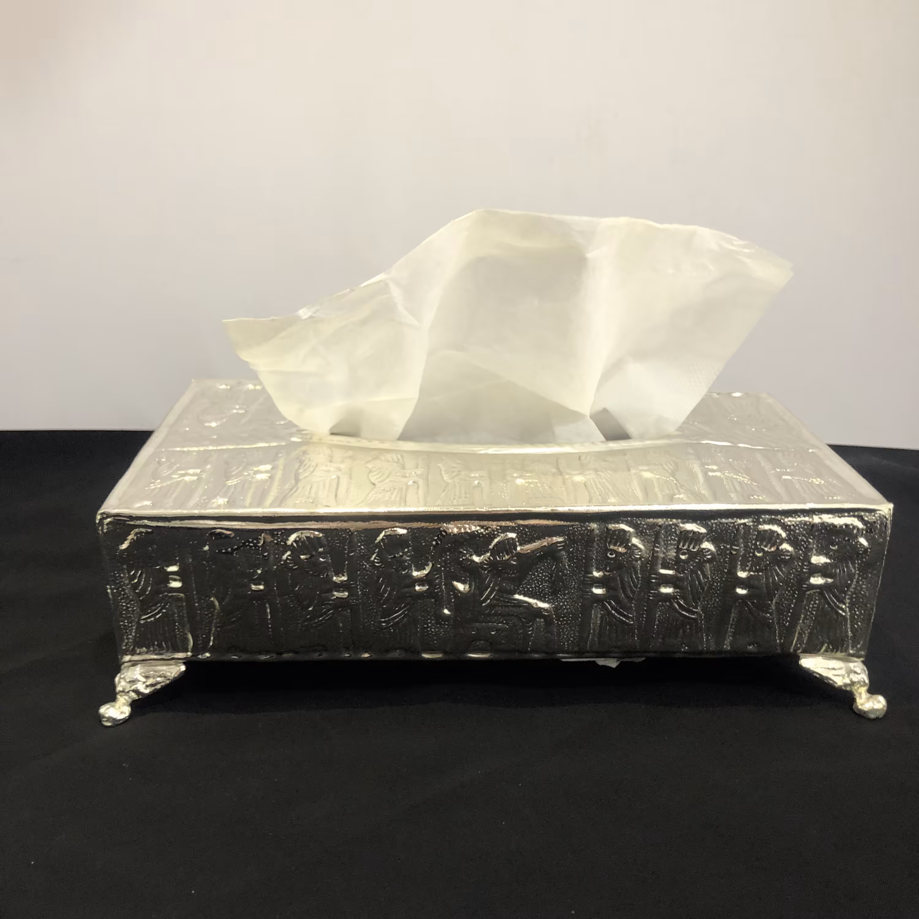 جا دستمال کاغذی مسی ابکاری نقره قلمزنی (قلم هخامنشی)