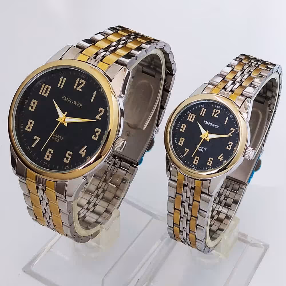 ست ساعت مچی مردانه و زنانه بندفلزی امپاور EMPOWER ساعت کادویی باکیفیت ساعت نقره ای طلایی صفحه مشکی رنگ ثابت ارسال رایگان