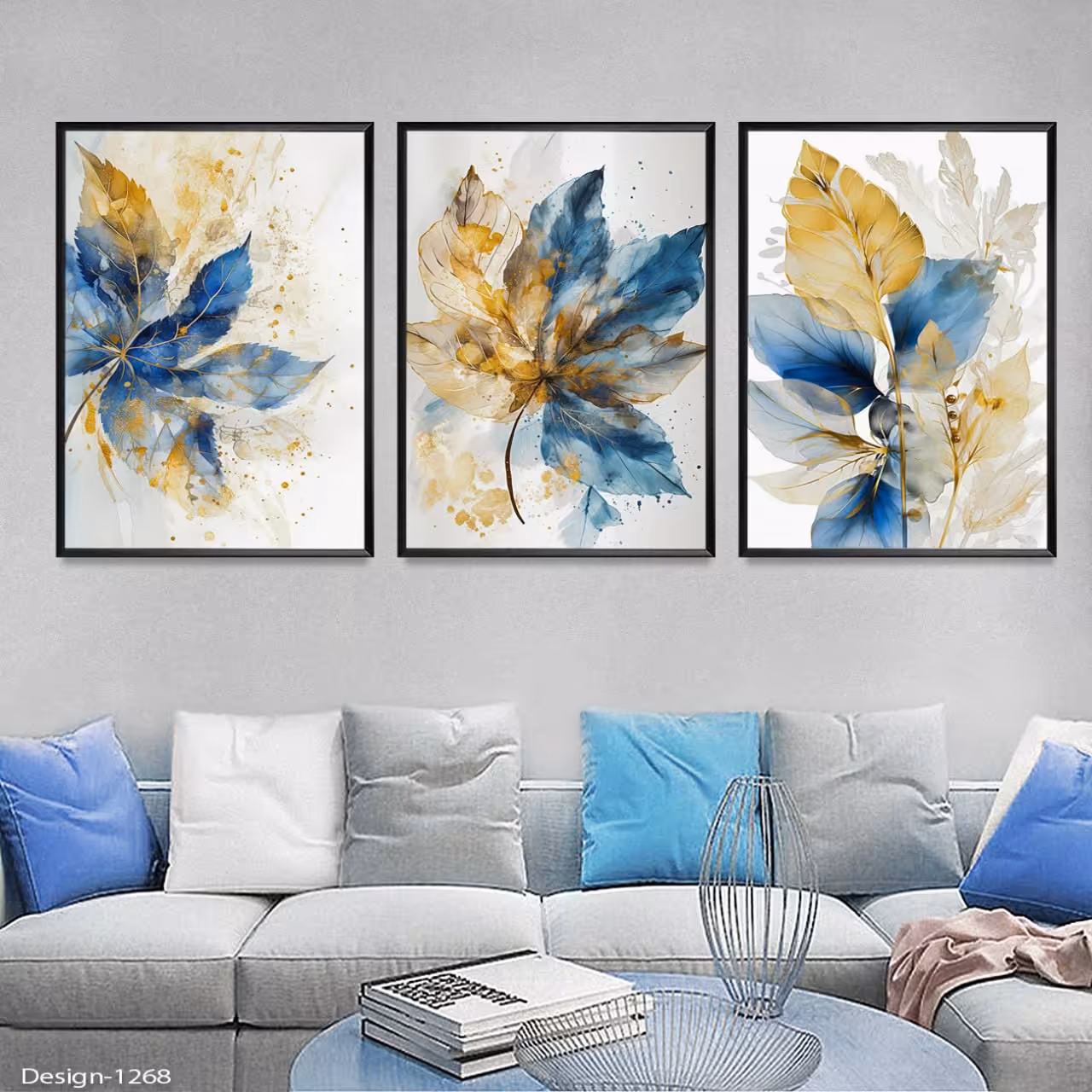 تابلو دکوراتیو مجموعه  برگ های  آبی طلایی آبرنگی3تیکه سایز 35در50