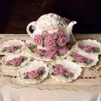 کاور  قوری و 6زیر استکانی گلدار دستبافت  کاموا ترک 