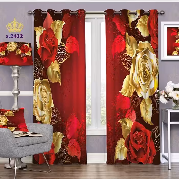 پرده پذیرایی دو قواره پانچ گلدار طرح گلهای مصنوعی رُز کد S2422
