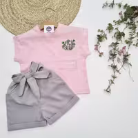 ست کراپ و شورتک دخترانه flowers - پوشاک بنیا 