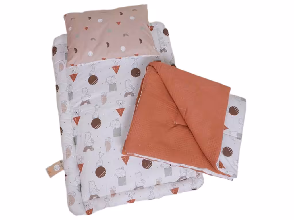 سرویس خواب دم دستی مسافرتی نوزادی(سایز 2)مجموعه 3 عددی تشک، لحاف و بالشت طرح سیرک آجری الا ELA