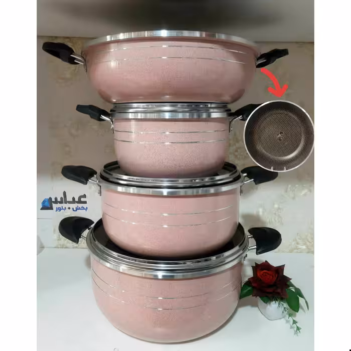 سرویس قابلمه 7پارچه هلنا زنبوری  کالباسی داخل مشکی طرح چدن لب پیچ رینگی