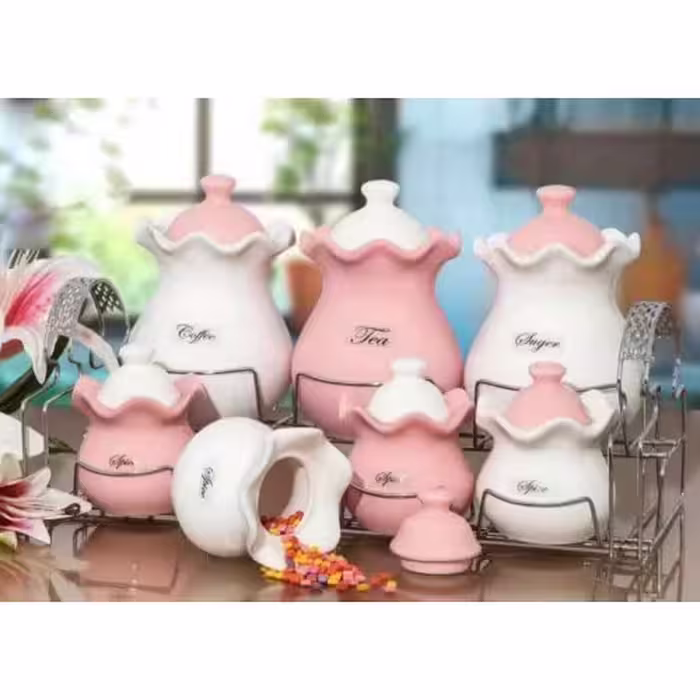 سرویس 7 پارچه پاسماوری سرامیکی رنگ سفید و صورتی با استند