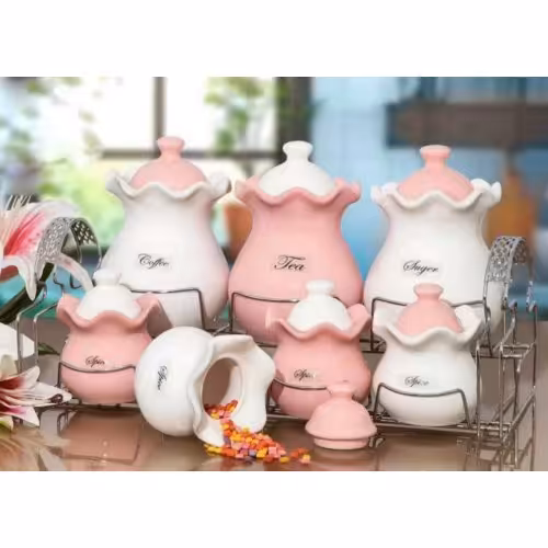 سرویس 7 پارچه پاسماوری سرامیکی رنگ سفید و صورتی با استند