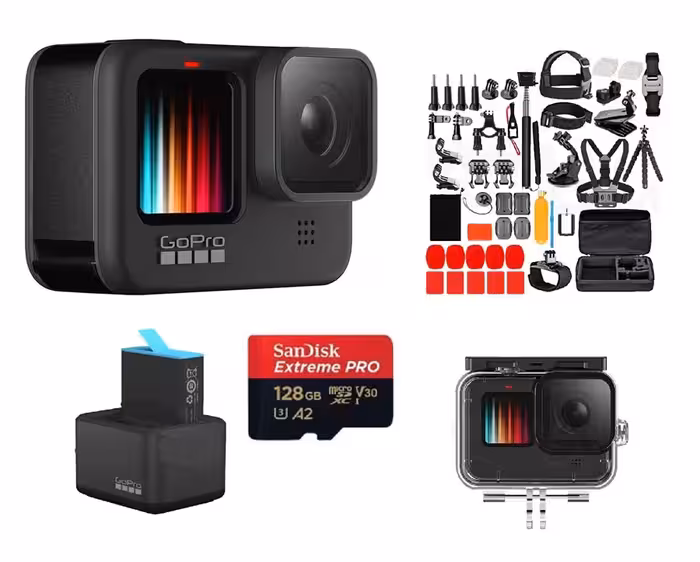 پکیج دوربین فیلم برداری ورزشی گوپرو مدل Hero 9 Black همراه با قاب و شارژر و کیت