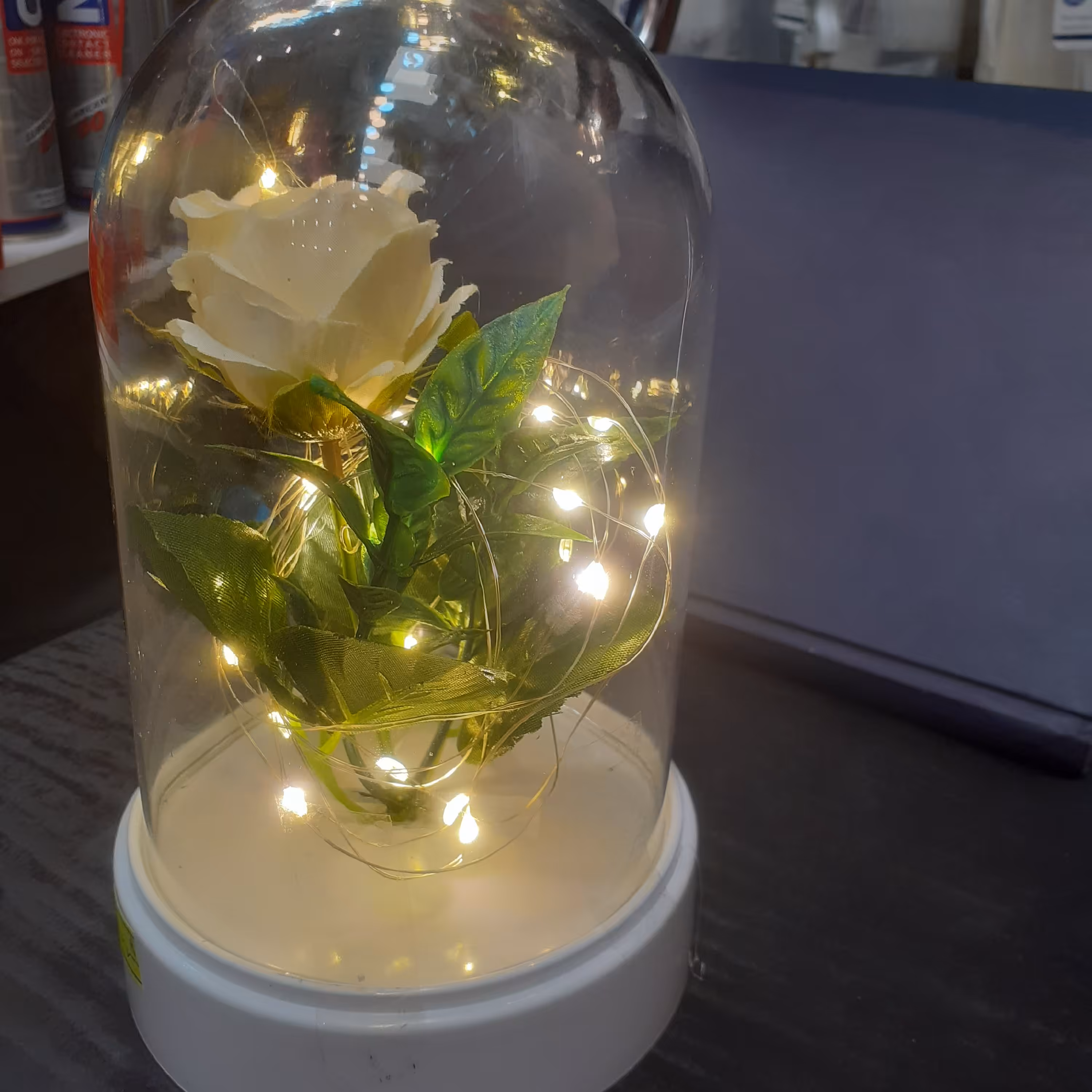 اباژور استوانه  گل رز سفید همراه با ریسه باتری خور و اتصال ب برق