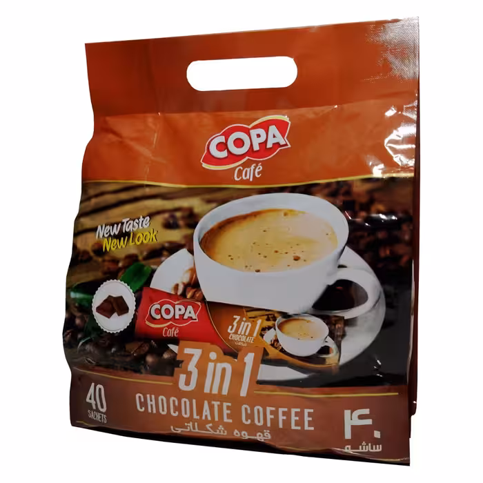 قهوه شکلاتی کوپا بسته 40 تایی. هر بسته حاوی 40 ساشه 18 گرمی پودر قهوه آماده کوپا با طعم شکلات.
