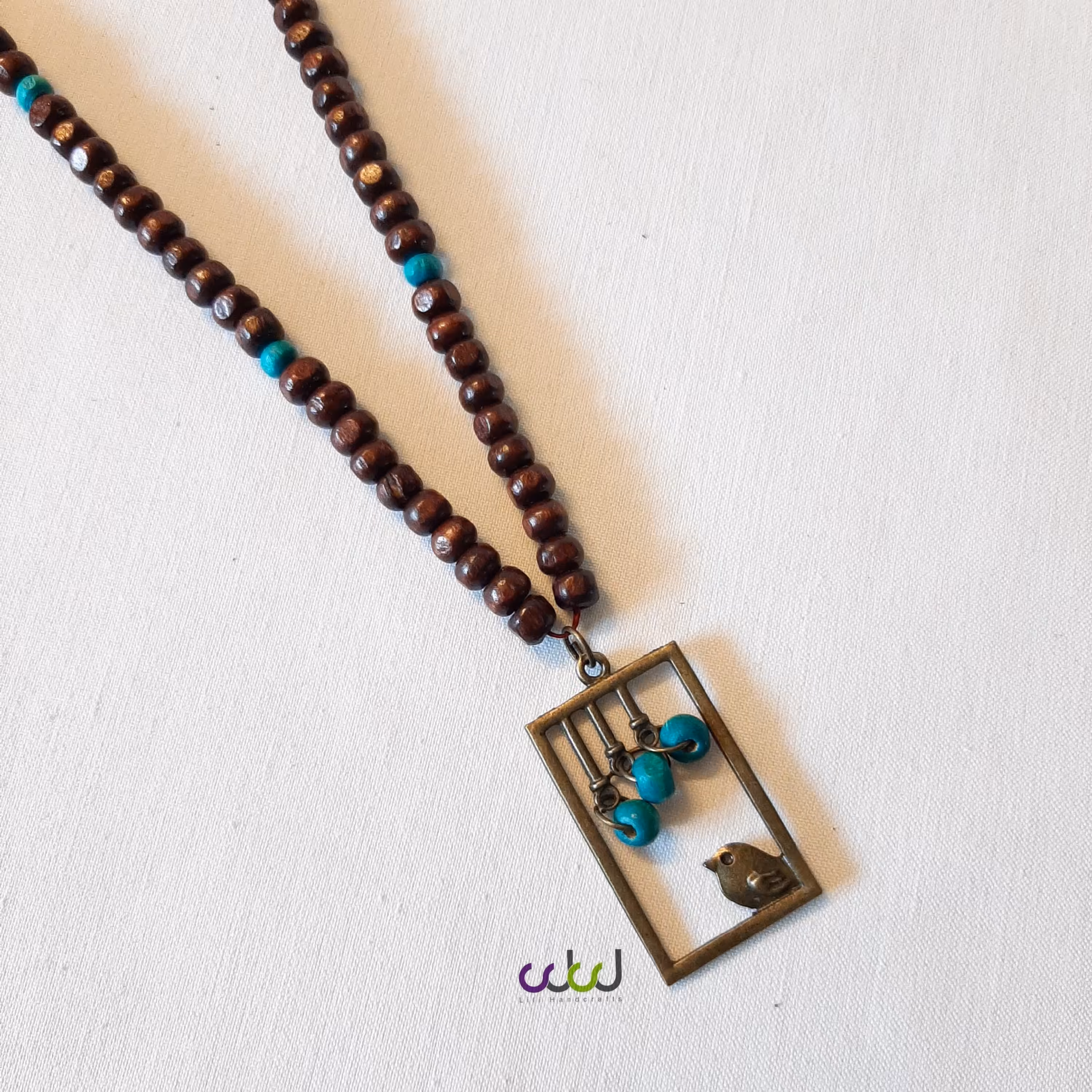 گردنبند مهره چوبی با آویز زاماک گنجشک