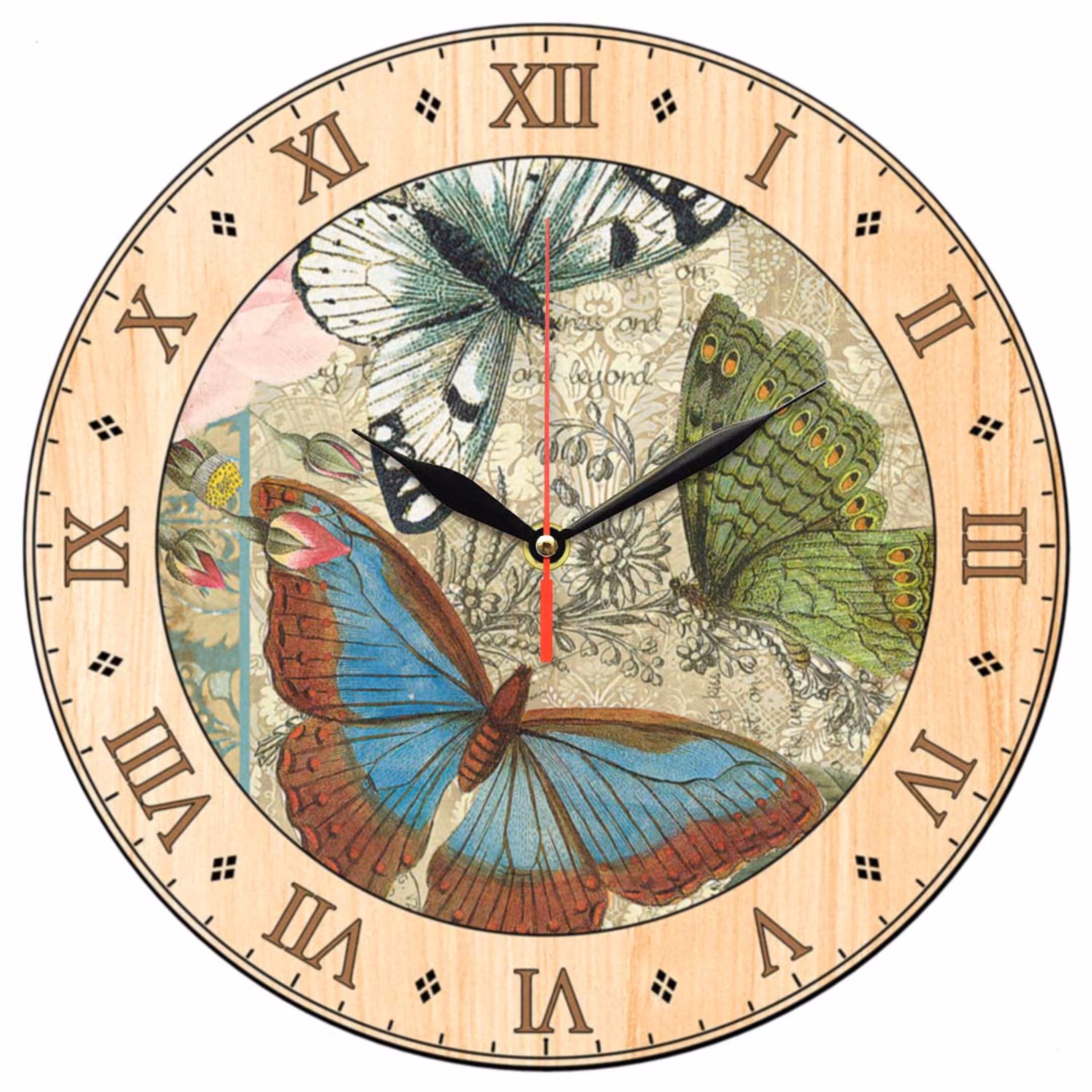 ساعت دیواری گرد مدل C31 طرح چوب و پروانه و گل با اعداد رومی و سایز 30