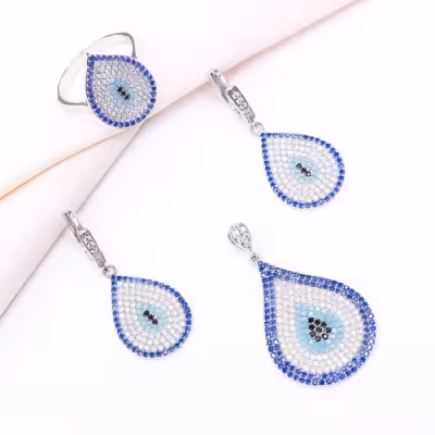 نیم ست نقره اشکی درشت و زنانه مدل چشم و نظر کد 16005