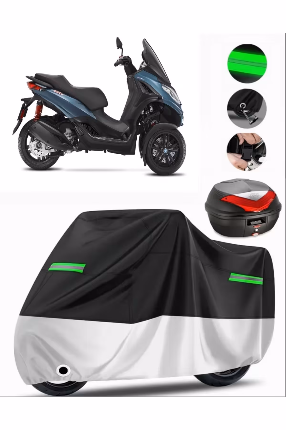 چادر موتورسیکلت خاکستری PIAGGIO MP3 300 کیسه عقب سازگار با برزنت موتور سیکلت پریمیوم قفل سیاه MotoEn