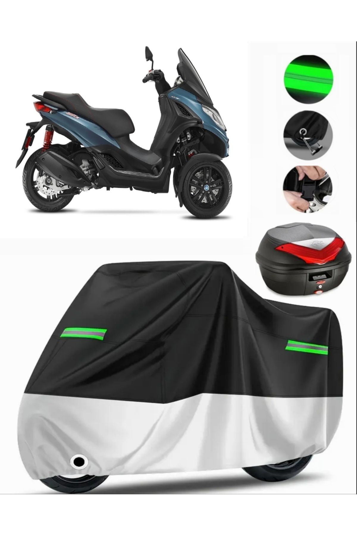چادر موتورسیکلت خاکستری PIAGGIO MP3 300 کیسه عقب سازگار با برزنت موتور سیکلت پریمیوم قفل سیاه MotoEn