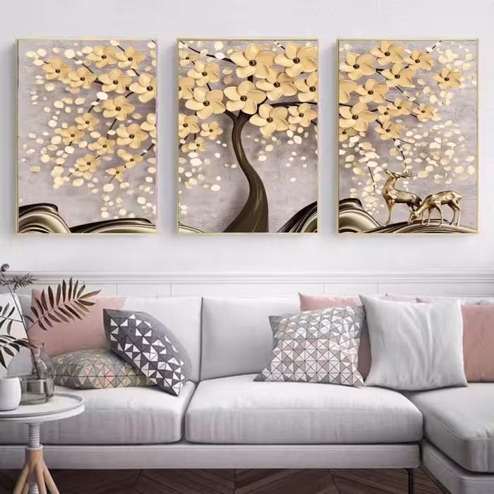 تابلو دکوراتیو 3تیکه طرح گلهای کرم رنگ زیبا