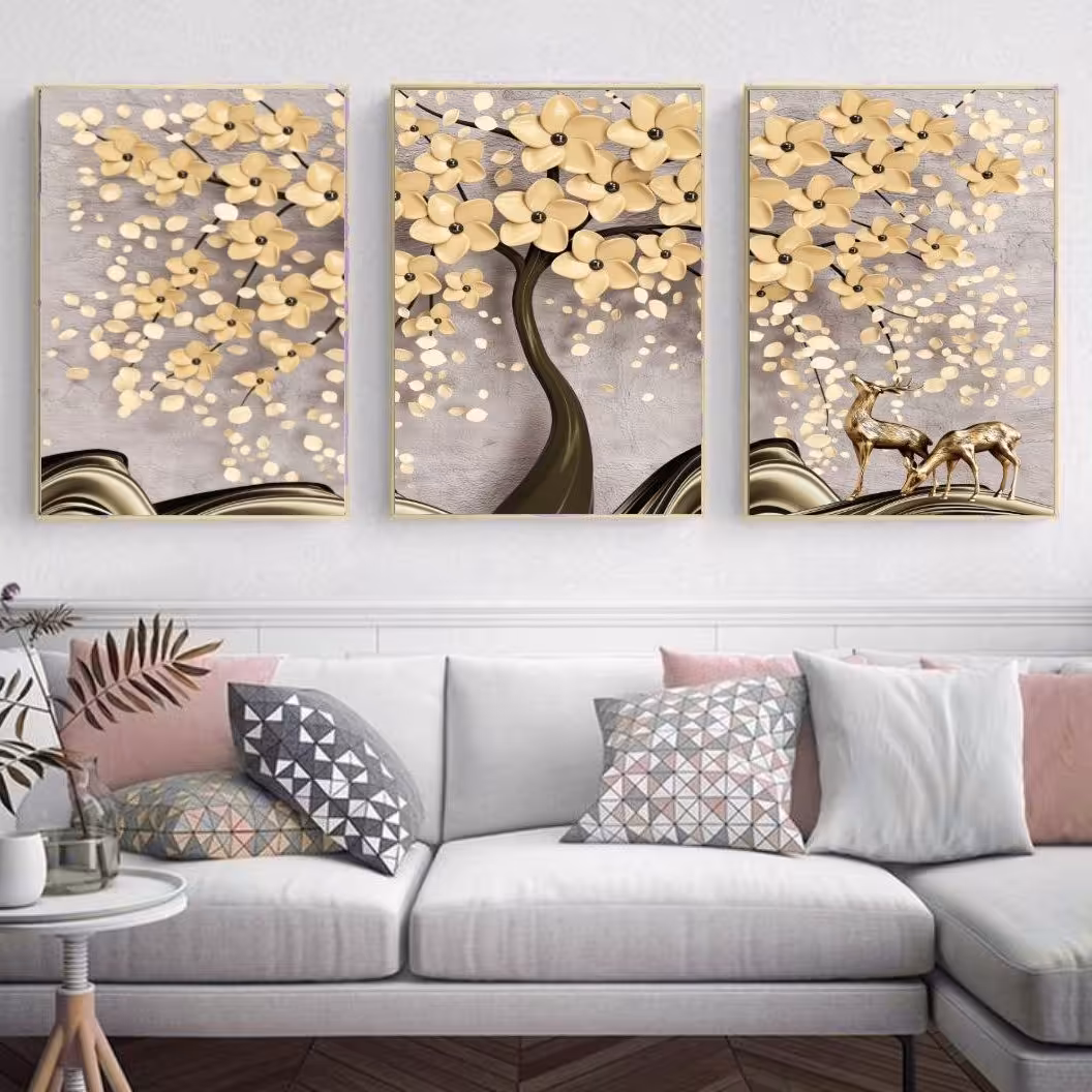 تابلو دکوراتیو 3تیکه طرح گلهای کرم رنگ زیبا