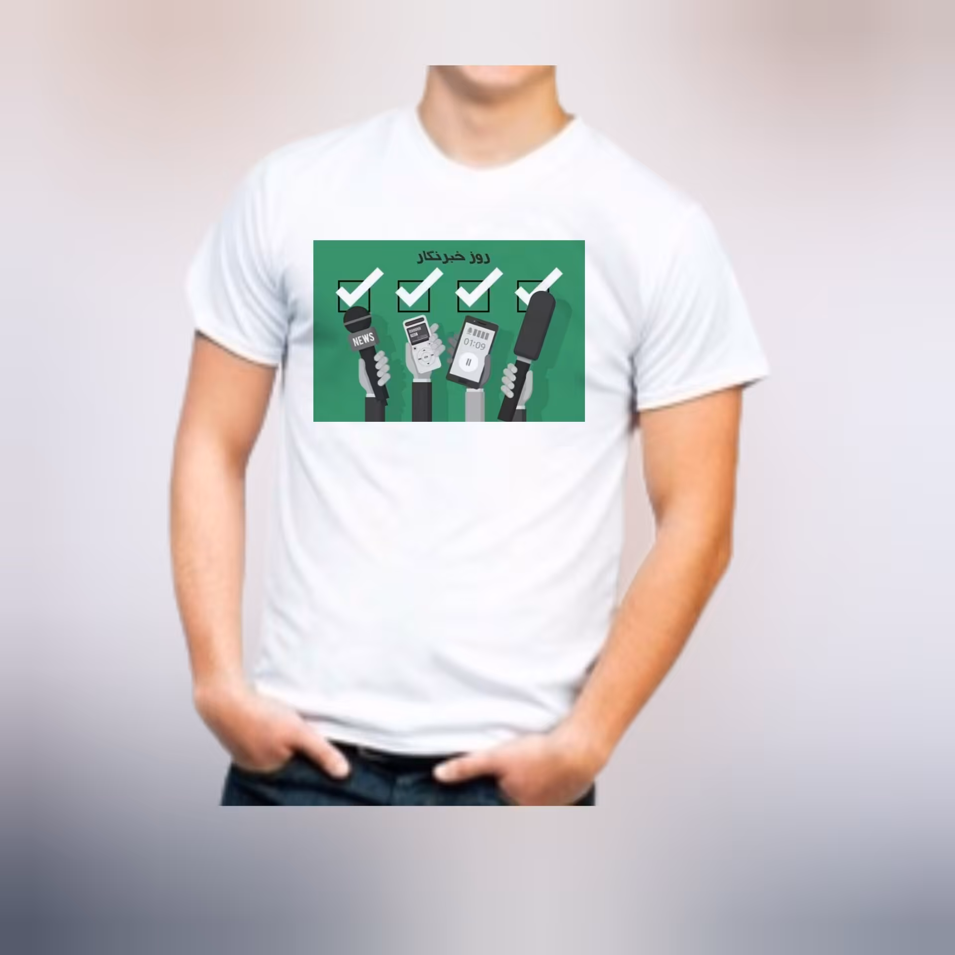 تیشرت،تی شرت پنبه اسپان رنگسفید سایز بندی مدیوم تا دو ایکس لارج چاپ طرح خبرنگار 1
