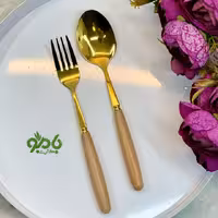 قاشق چنگال دسته چوبی طلایی