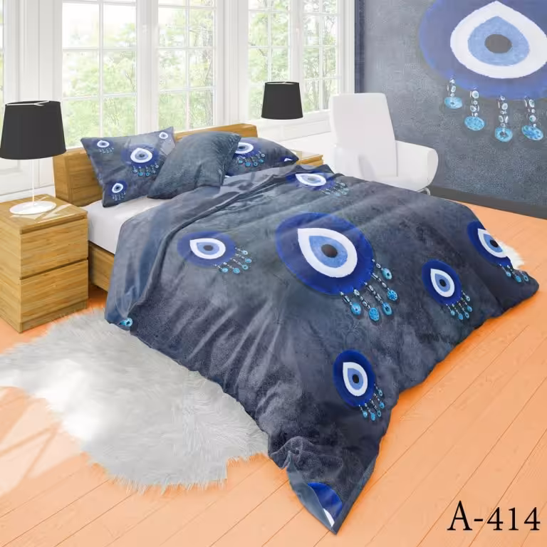 سرویس رو تختی دونفره میکروتترون سه بعدی،طرح چشم نظر با زمینه طوسی،مناسب بزرگسال،برای تخت160