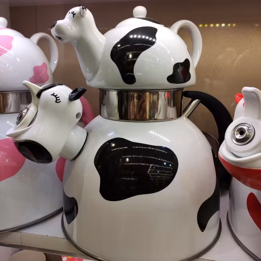 کتری قوری استیل طرح گاو ، قوری چینی در سه رنگ