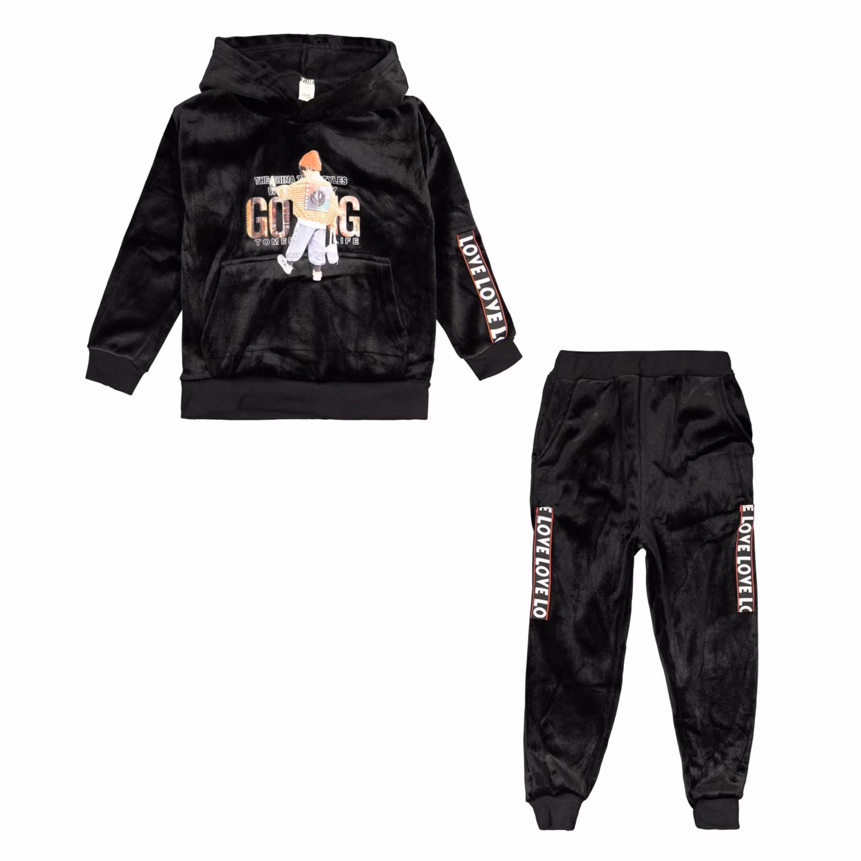 هودی و شلوار مخمل کلاه دار پسرانه مشکی