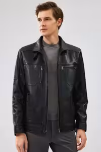 کت مشکی مردانه ژاکت چرمی سیاه اورجینال Derimod