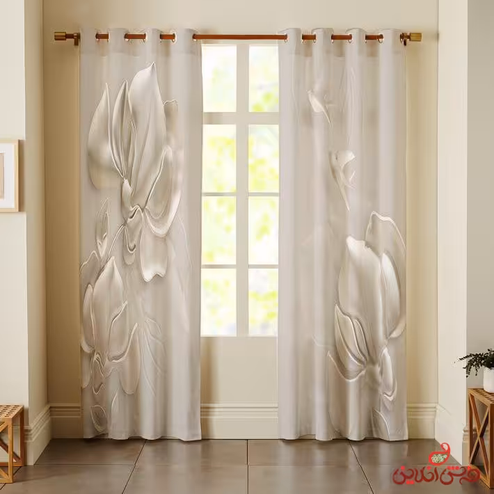 پرده 2عددی طرح گل صدفی سفید کد 2441