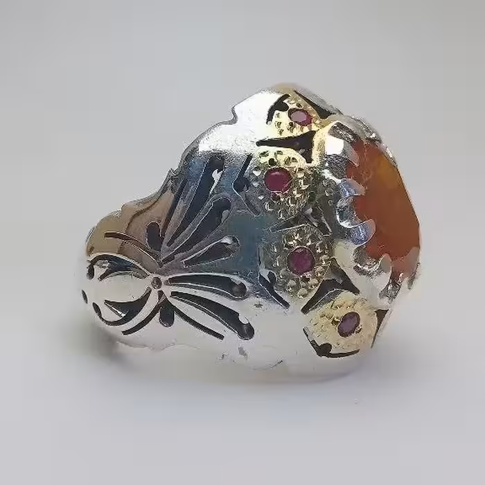 انگشتر نقره یاقوت زعفرانی مخراجکاری یاقوت سرخ 