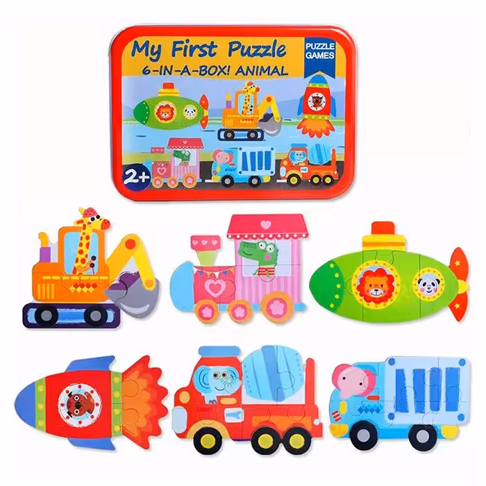 پازل چوبی کودک با قوطی فلزی حمل و نقل حیوانات مدل P/1787/D