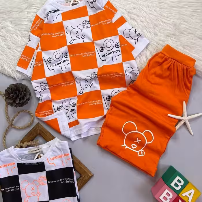 تیشرت شلوارک بچگانه تیشرت شلوارک دخترانه تیشرت شلوارک پسرانه ست اسپرت چهارخونه خرسی  نخ پنبه 